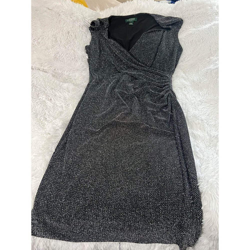 Lauren Ralph Lauren Black Silver Metallic Sheath Sleeveless Dress Womens Size 14